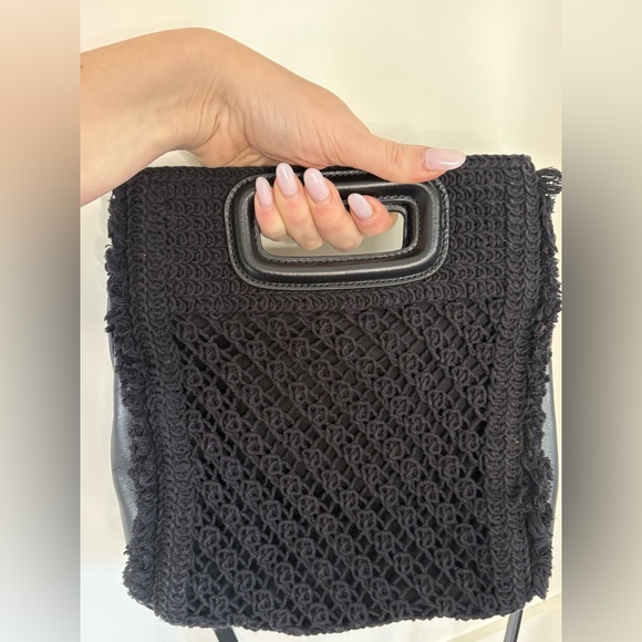 Maje black cotton leather crochet cross body top handle bag magnetic snap boho - Picture 4 of 8